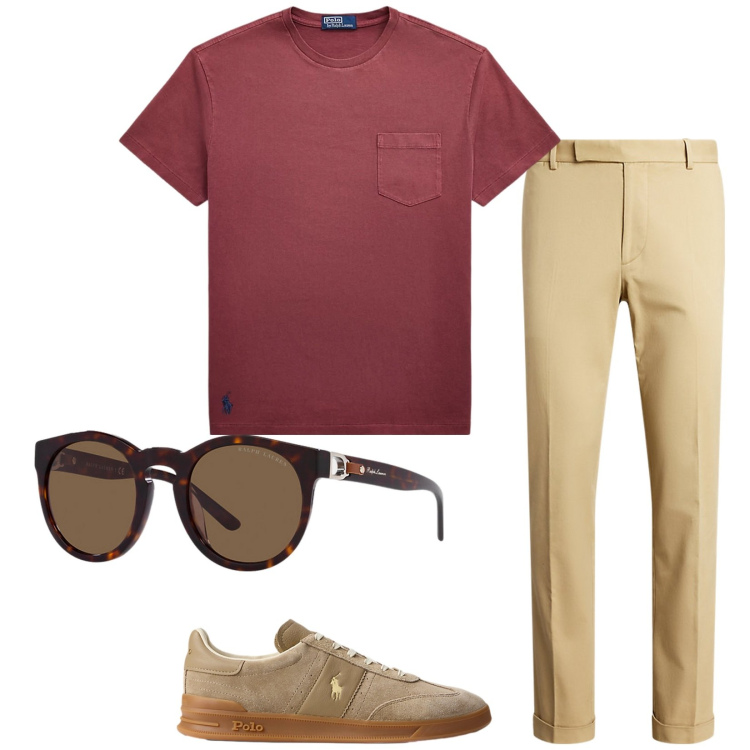 Outfit uomo - Amarena e crema. Stile Casual per Tutti i giorni. Abbinamento con pantaloni chino, t-shirt, sneakers, occhiali da sole.