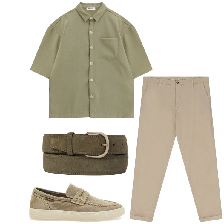 Outfit uomo - Pistacchio e nocciola. Stile Trendy per Tutti i giorni. Abbinamento con pantaloni chino, camicie a manica corta, scarpe stringate, cinture.