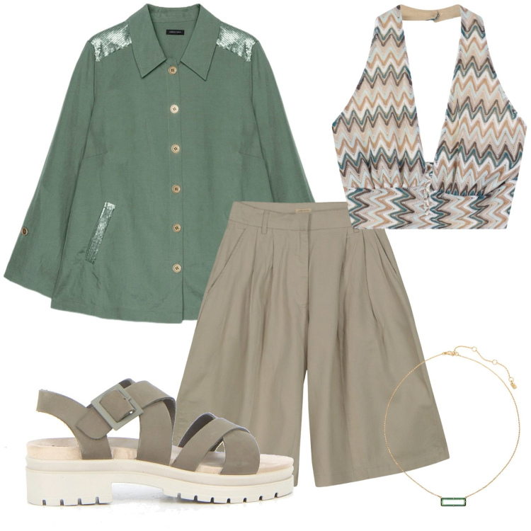 Outfit donna - Total look #2225496. Stile Casual chic Abbinamento con top, collane, camicie, bermuda, sandali.