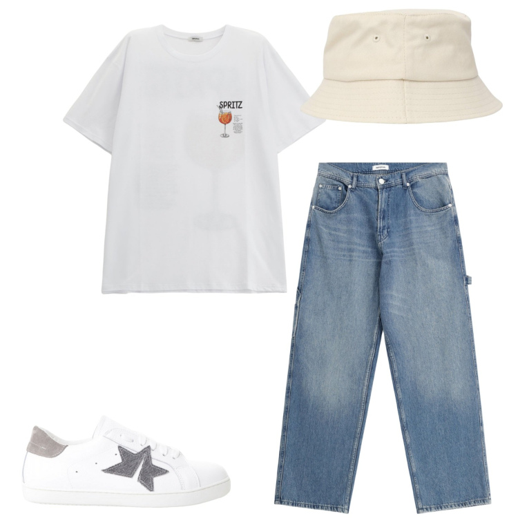 Outfit uomo - Spritz time. Stile Urban per Tutti i giorni. Abbinamento con cappelli, jeans, sneakers, t-shirt.