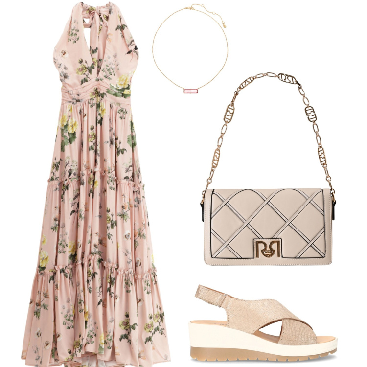Outfit donna - Aperitivo con gli amici. Stile Mannish per Tutti i giorni. Abbinamento con borse a tracolla, vestiti lunghi, collane, sandali col tacco.