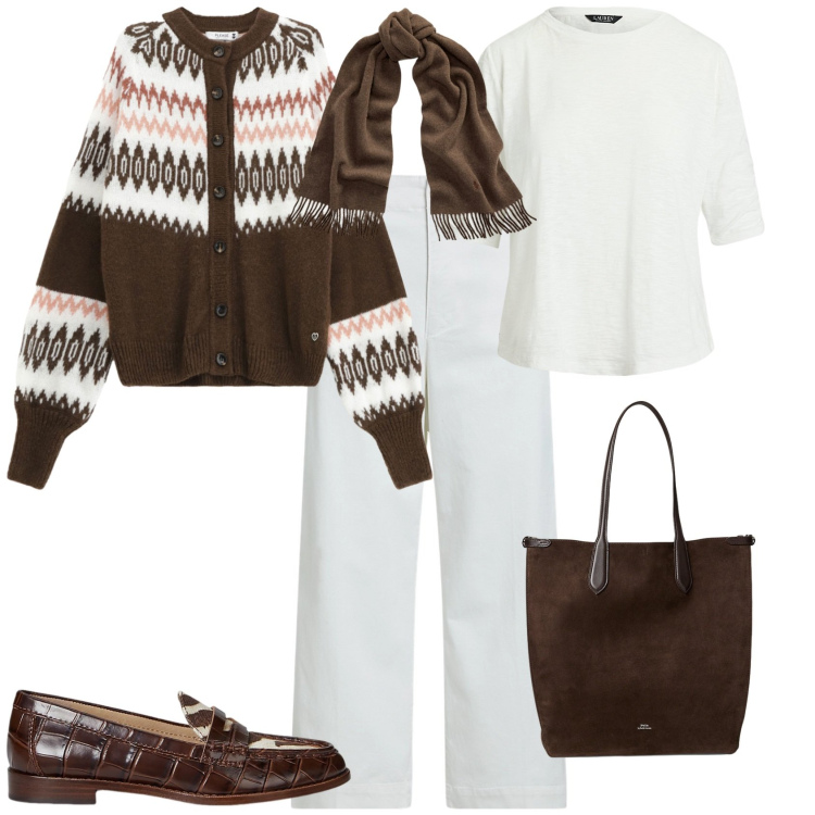 Outfit donna - Autunno. Stile Trendy per Tutti i giorni. Abbinamento con cardigans, sciarpe, pantaloni, mocassini, borse tote, t-shirt.