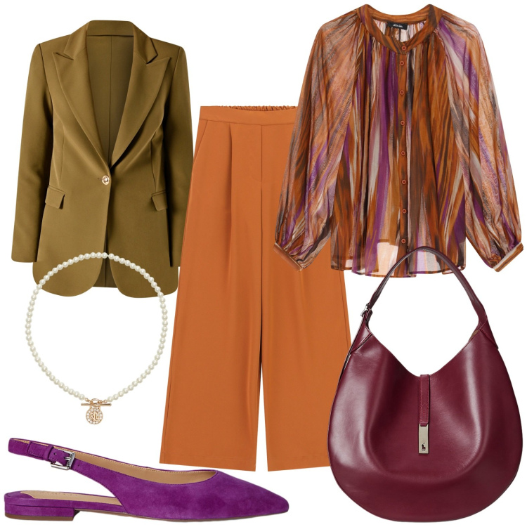 Outfit donna - Total look #2225501. Stile Chic Abbinamento con blazer, camicie, pantaloni a palazzo, ciondoli, borse a spalla, ballerine.