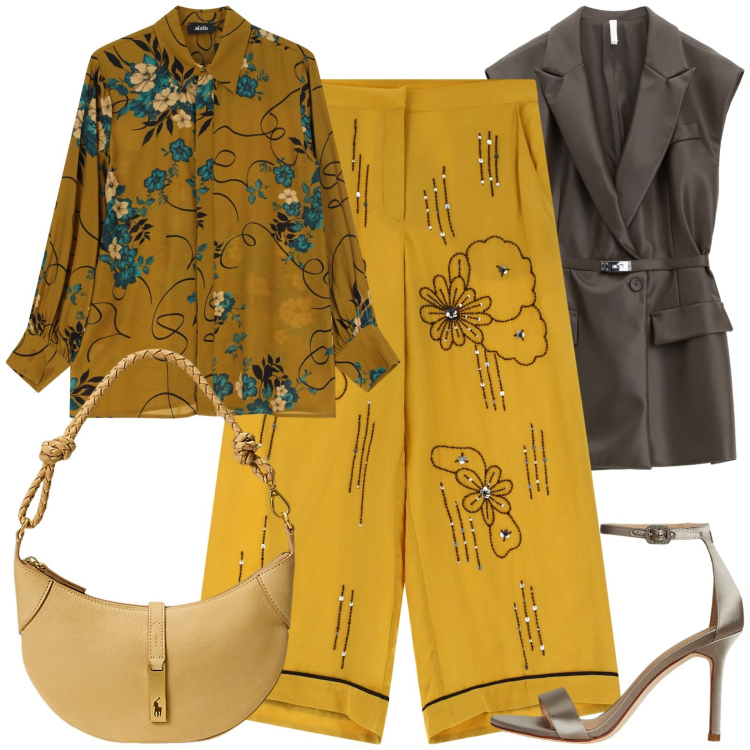 Outfit donna - Total look #2225503. Abbinamento con gilet, pantaloni, camicie, sandali col tacco, borse a spalla.