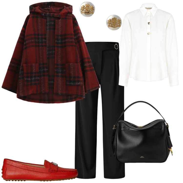 Outfit donna - Autunno. Stile Trendy per Tutti i giorni. Abbinamento con pantaloni a palazzo, camicie, caban, orecchini, borse a mano, mocassini.