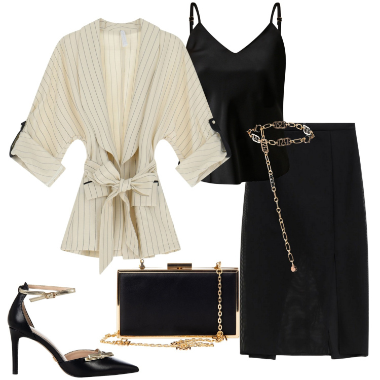 Outfit donna - Serata elegante. Stile Chic per Serata fuori. Abbinamento con top, décolleté, pochette, cinture, blazer, gonne.