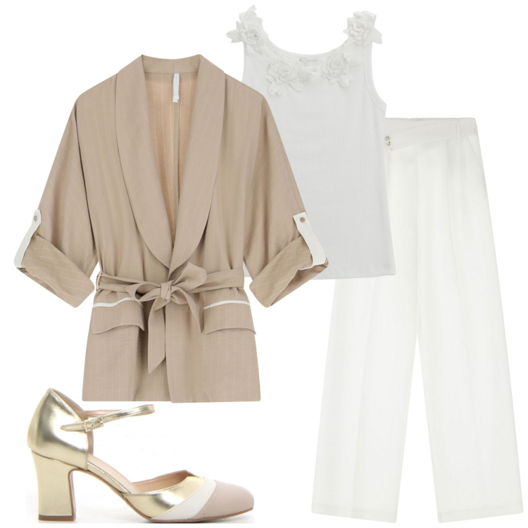 Outfit donna - Fresco della sera. Stile Casual chic per Serata fuori. Abbinamento con blazer, top, pantaloni a palazzo, sandali col tacco.