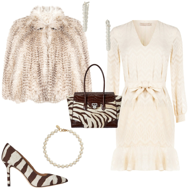 Outfit donna - Autunno. Stile Glamour per Serata fuori. Abbinamento con ecopellicce, vestiti corti, orecchini, décolleté, borse a mano, braccialetti.