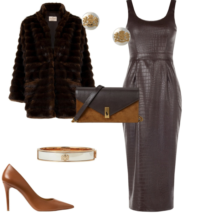 Outfit donna - Autunno. Stile Glamour per Serata fuori. Abbinamento con cappotti, vestiti a tubino, clutch, orecchini, braccialetti, décolleté.