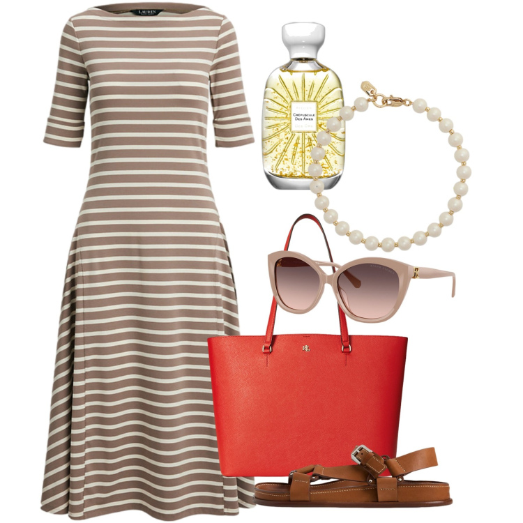 Outfit donna - Agosto in città. Stile Bon Ton per Tutti i giorni. Abbinamento con profumi, vestiti, sandali in pelle, borse tote, braccialetti, occhiali da sole.