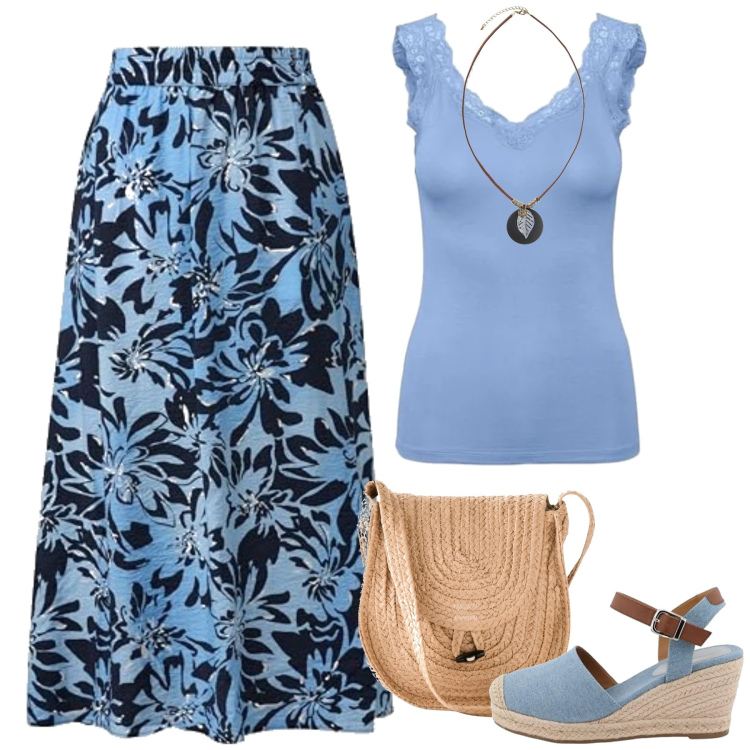Outfit femme - Bettina. Style Casual chic pour Tous les jours. Assortir avec colliers, sacs en bandoulière, jupes au genou, sandales, débardeurs à bretelles.