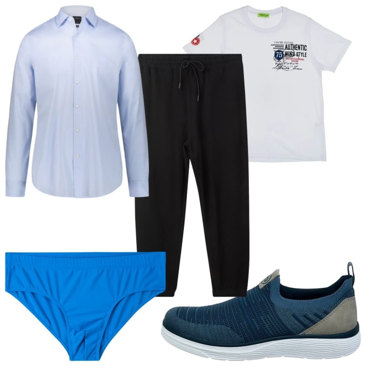 Outfit uomo - Total look #2225528. Stile Trendy per Mare. Abbinamento con costumi, pantaloni, t-shirt, camicie, scarpe stringate.