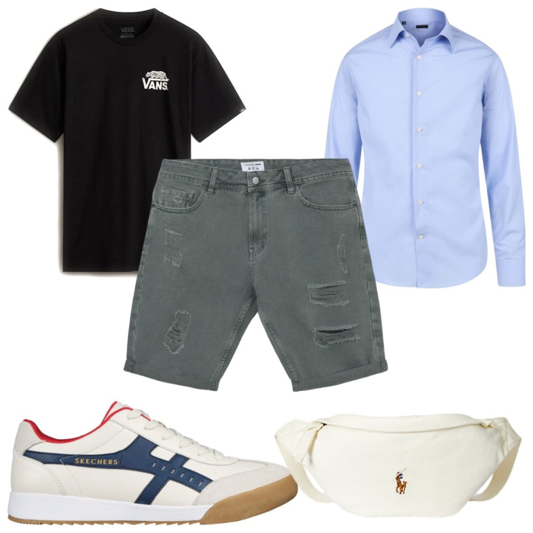 Outfit uomo - Total look #2225529. Stile Trendy per Tutti i giorni. Abbinamento con bermuda, borse sportive, camicie, sneakers, t-shirt.