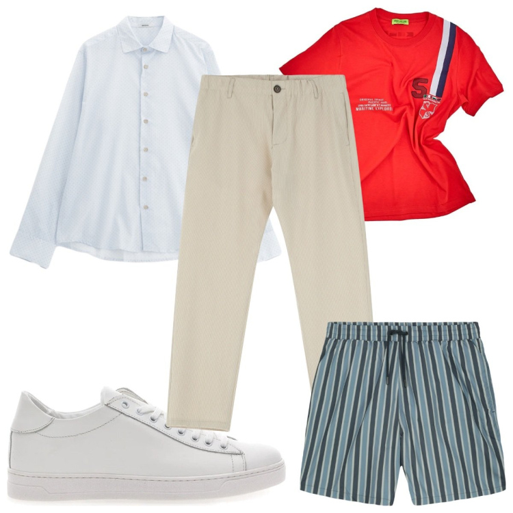 Outfit uomo - Total look #2225530. Stile Trendy per Mare. Abbinamento con camicie, pantaloni, t-shirt, sneakers, costumi.