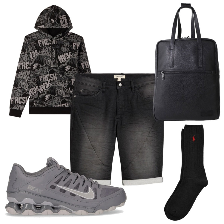 Outfit uomo - Total look #2225533. Stile Trendy per Tutti i giorni. Abbinamento con bermuda, felpe con cappuccio, borse sportive, calzini, sneakers.