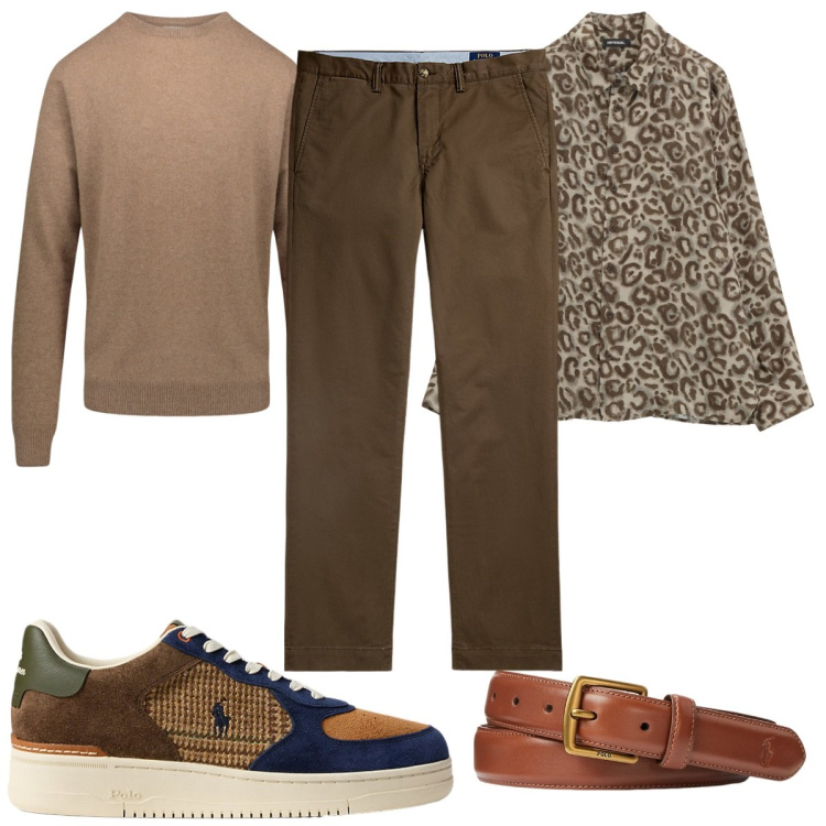 Outfit uomo - Total look #2225534. Stile Trendy per Tutti i giorni. Abbinamento con camicie, cinture, pantaloni chino, sneakers, maglieria.