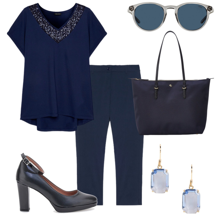 Outfit donna - Signora chic. Stile Casual chic per Tutti i giorni. Abbinamento con occhiali da sole, borse tote, orecchini, bluse, décolleté, pantaloni chino.