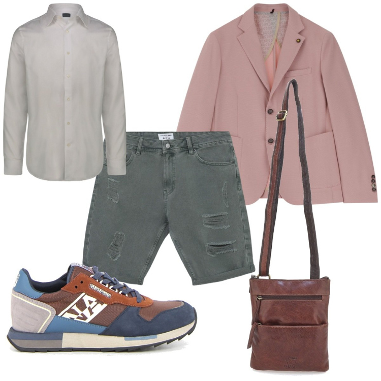 Outfit uomo - Total look #2225543. Stile Trendy per Tutti i giorni. Abbinamento con bermuda, giacche, camicie, portafogli, sneakers.
