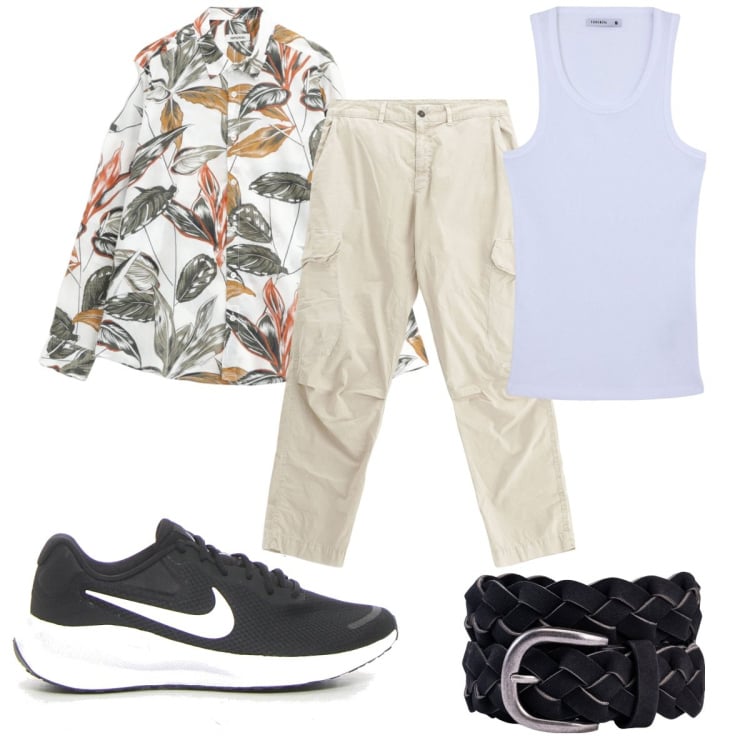 Outfit uomo - Total look #2225545. Stile Trendy per Tutti i giorni. Abbinamento con canottiere, pantaloni cargo, camicie, cinture, sneakers.