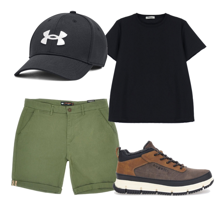 Outfit uomo - Una serata spensierata. Stile Trendy per Tutti i giorni. Abbinamento con t-shirt, cappelli, pantaloni cargo, stivali e stivaletti.