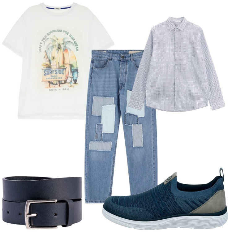 Outfit uomo - Total look #2225548. Stile Trendy per Tutti i giorni. Abbinamento con jeans dritti, camicie, t-shirt, cinture, scarpe stringate.