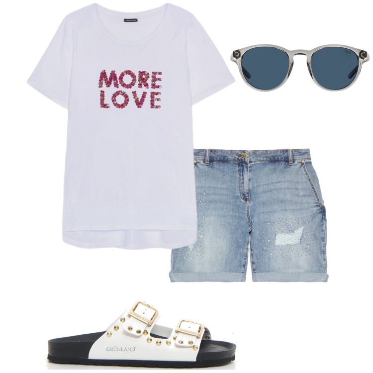Outfit donna - Vacanza on. Stile Casual per Mare. Abbinamento con occhiali da sole, t-shirt, shorts, ciabatte.