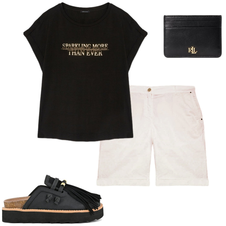 Outfit donna - Tutti i giorni. Stile Casual per Tutti i giorni. Abbinamento con portafogli, sabot, t-shirt, pantaloni corti.