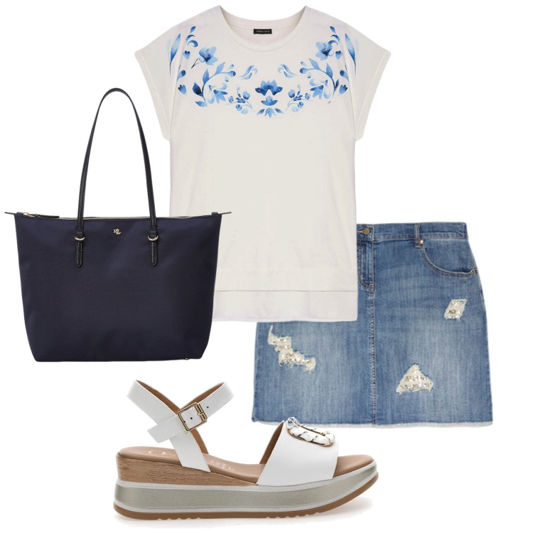 Outfit donna - In città. Stile Basic per Tutti i giorni. Abbinamento con borse tote, sandali, t-shirt, minigonne.