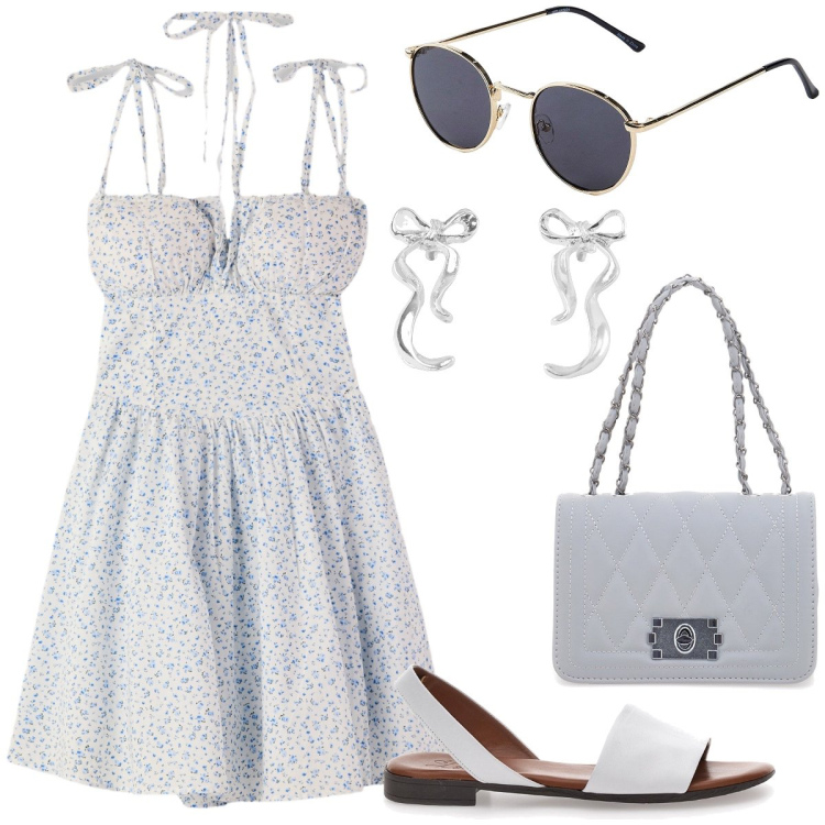 Outfit donna - The summer I turned pretty. Stile Casual chic per Tutti i giorni. Abbinamento con occhiali da sole, vestiti corti, orecchini, sandali, borse a tracolla.
