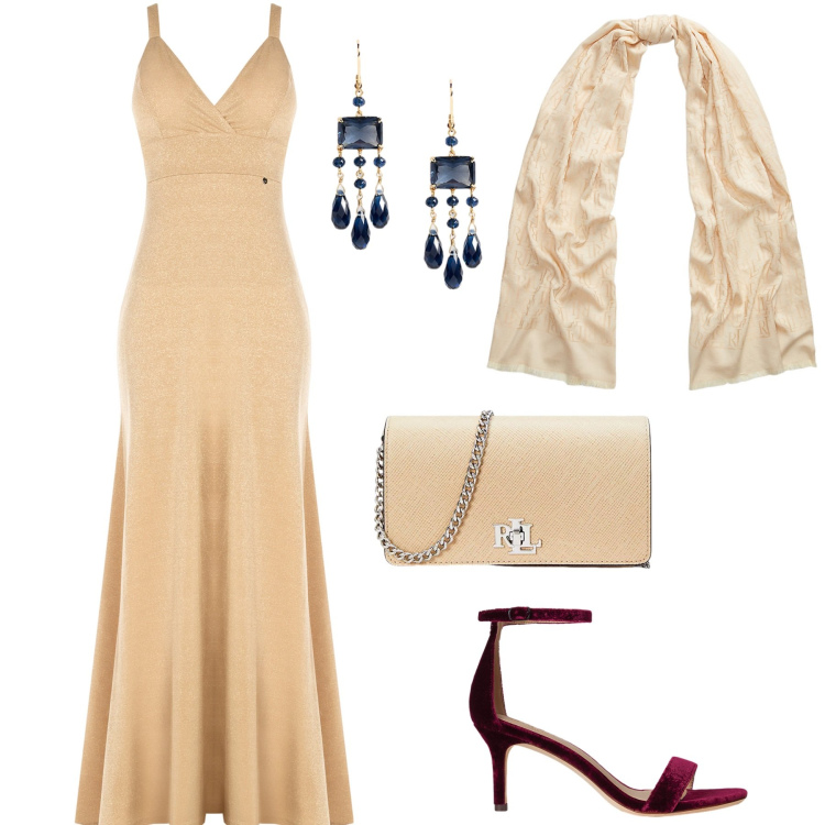 Outfit donna - Cena elegante al tramonto in riva al mar. Stile Chic per Serata fuori. Abbinamento con vestiti lunghi, borse a tracolla, sandali in pelle, sciarpe, orecchini.