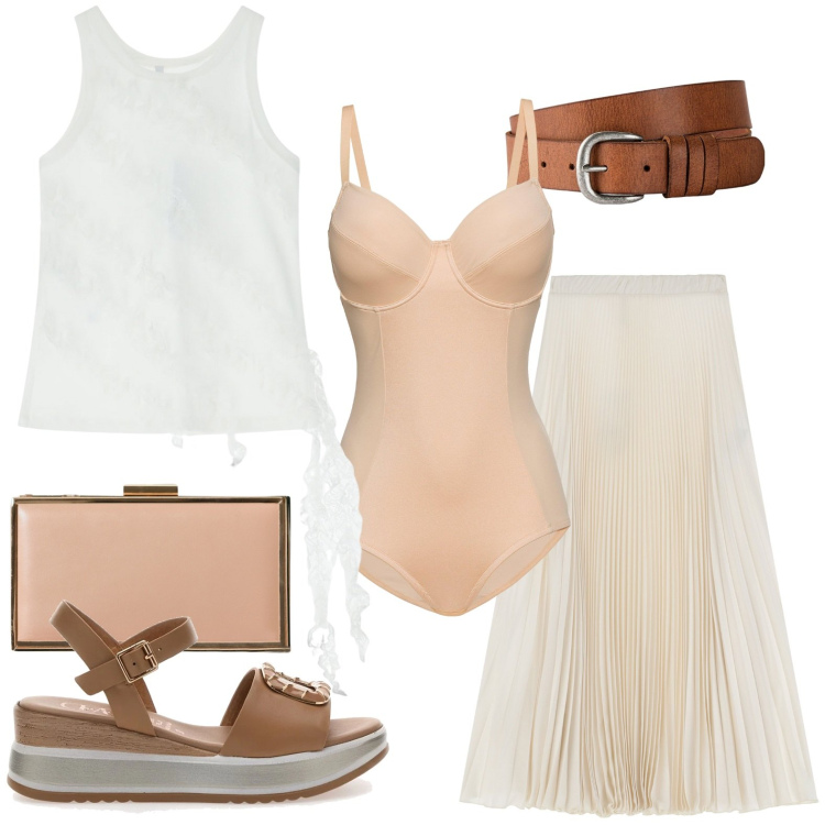Outfit donna - Sere d\'estate. Stile Glamour per Serata fuori. Abbinamento con body, cinture, pochette, gonne lunghe, top, sandali.