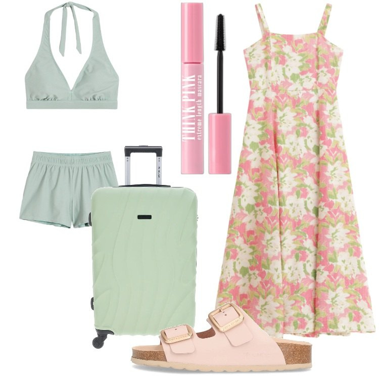 Outfit donna - La valigia delle vacanze. Stile Romantica per Tutti i giorni. Abbinamento con bikini, mascara, vestiti lunghi, valigie, ciabatte.