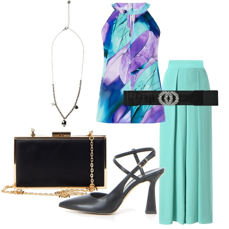 Outfit donna - Set due pezzi in coordinato. Stile Chic per Serata fuori. Abbinamento con cinture, pochette, pantaloni, top, ciondoli, sandali col tacco.