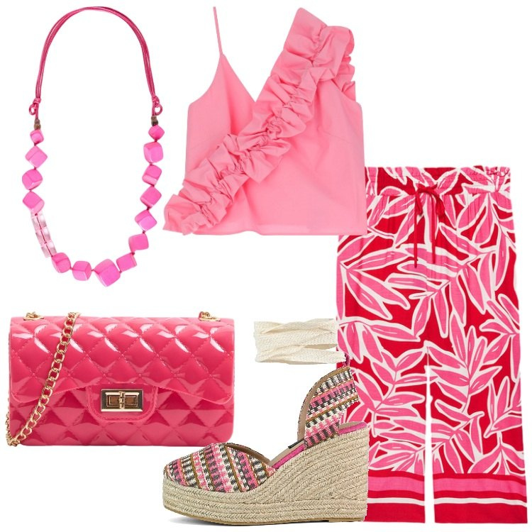 Outfit donna - Set due pezzi in coordinato. Stile Trendy per Serata fuori. Abbinamento con borse a tracolla, top, zeppe, pantaloni a palazzo, collane.