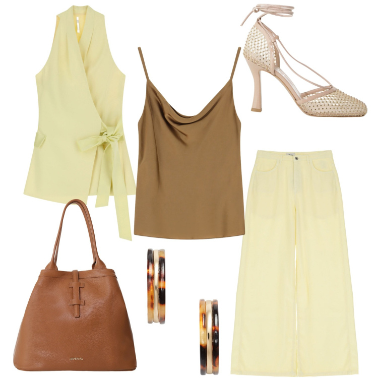 Outfit donna - Il completo giallo. Stile Chic per Serata fuori. Abbinamento con borse tote, gilet, pantaloni, décolleté, top, orecchini.