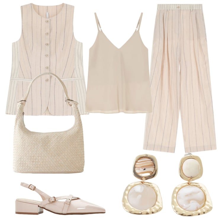 Outfit donna - Il completo chiaro. Stile Minimal per Ufficio. Abbinamento con shopping bag, décolleté, pantaloni a palazzo, gilet, orecchini, top.