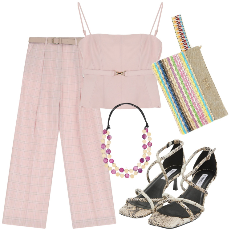 Outfit donna - Pink. Stile Romantica per Serata fuori. Abbinamento con sandali col tacco, top, pantaloni a palazzo, pochette, collane.
