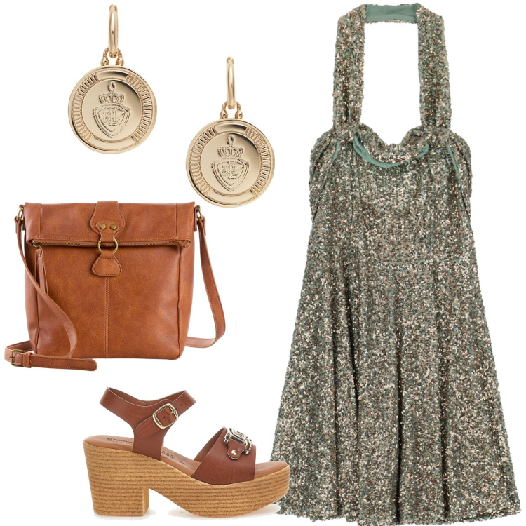 Outfit donna - Total look #2225586. Stile Etnico per Tutti i giorni. Abbinamento con borse a tracolla, vestiti corti, orecchini, sandali col tacco.