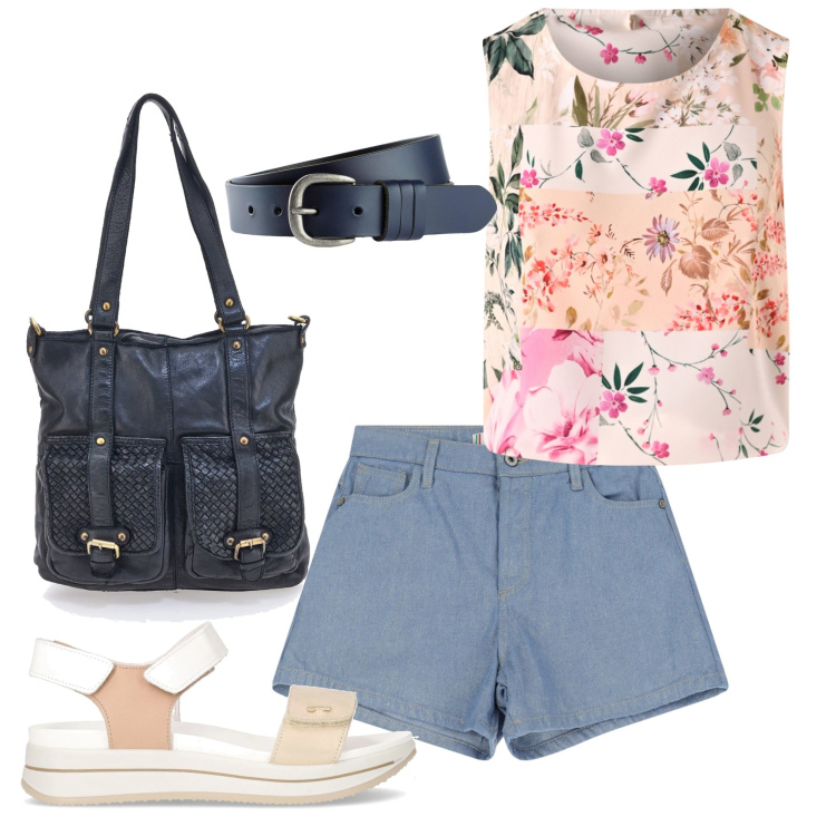 Outfit donna - Anche per il mare. Stile Basic per Tutti i giorni. Abbinamento con cinture, top, shorts, borse a spalla, sandali.