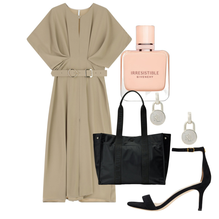 Outfit donna - Maniche ad aletta. Stile Bon Ton per Ufficio. Abbinamento con profumi, vestiti lunghi, orecchini, borse tote, sandali in pelle.