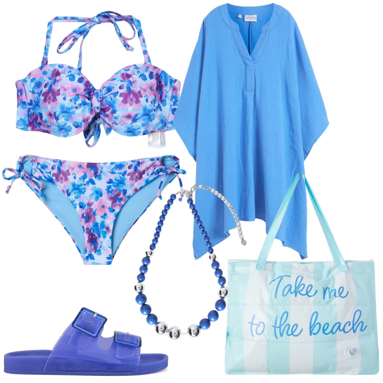 Outfit donna - Al mare 8. Stile Minimal per Mare. Abbinamento con vestiti da spiaggia, bikini, borse tote, bikini, sandali, collane.