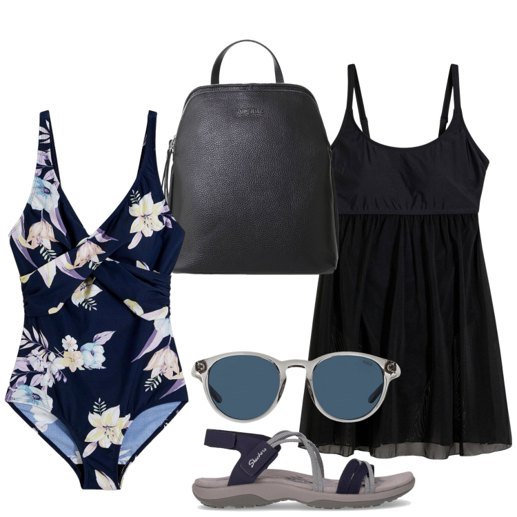 Outfit donna - Al mare 10. Stile Minimal per Mare. Abbinamento con vestiti da spiaggia, costumi interi, zaini, occhiali da sole, sandali.