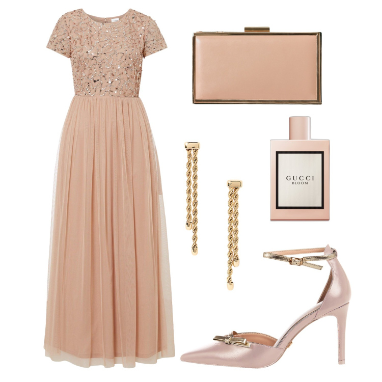 Outfit donna - Cerimonia rosa cipria. Stile Chic per Cerimonia. Abbinamento con vestiti lunghi, profumi, décolleté, pochette, orecchini.