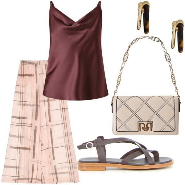 Outfit donna - Di sera ad Agosto. Stile Casual per Serata fuori. Abbinamento con canottiere, borse a tracolla, pantaloni a palazzo, orecchini, sandali.