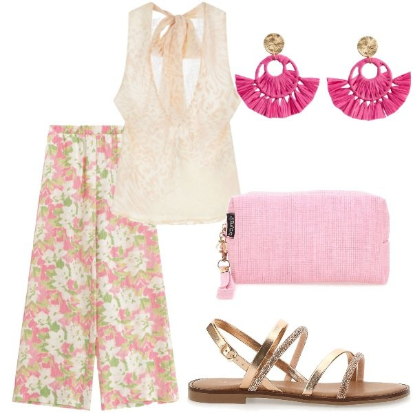 Outfit donna - Serata tra amici. Stile Casual chic per Serata fuori. Abbinamento con orecchini, top, pantaloni a palazzo, sandali, valigie.