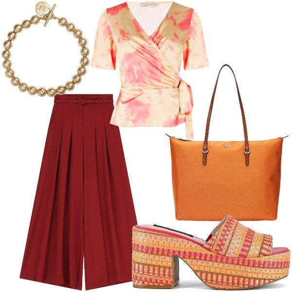 Outfit donna - Di sera ad Agosto. Stile Casual chic per Serata fuori. Abbinamento con bluse, pantaloni a palazzo, borse tote, braccialetti, zeppe.