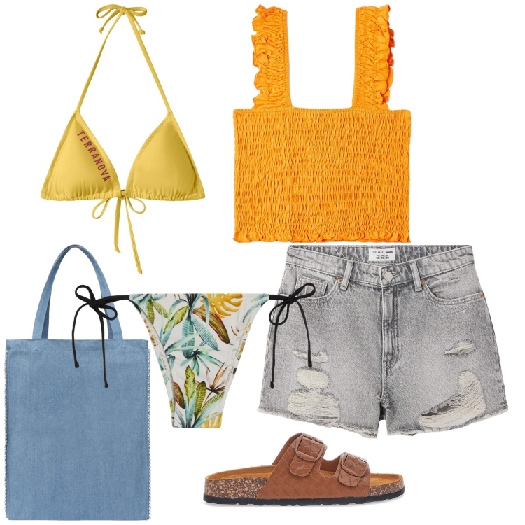 Outfit donna - Il top vivace. Stile Casual per Mare. Abbinamento con shorts, borse tote, top, bikini, bikini, ciabatte.