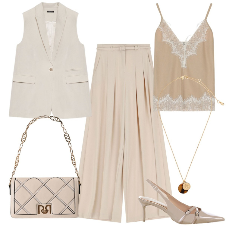 Outfit donna - Tailoring sotto il sole. Stile Chic per Cerimonia. Abbinamento con borse a tracolla, décolleté, pantaloni, top, collane, gilet.