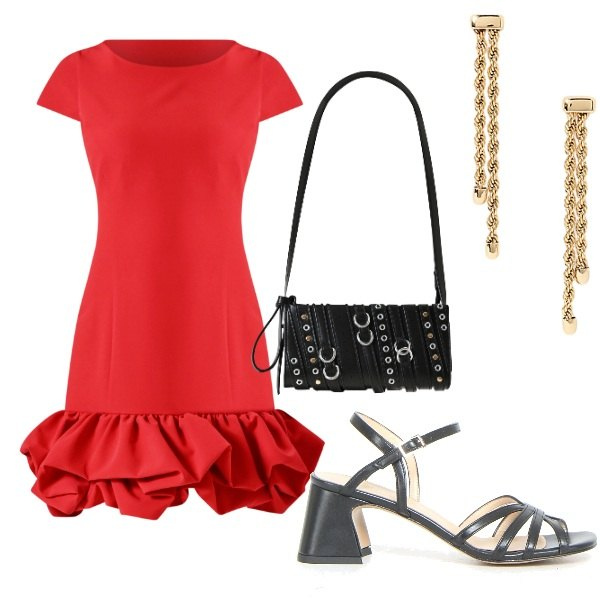 Outfit donna - Serata tra amici. Stile Casual chic per Serata fuori. Abbinamento con vestiti, borse a spalla, orecchini, sandali col tacco.