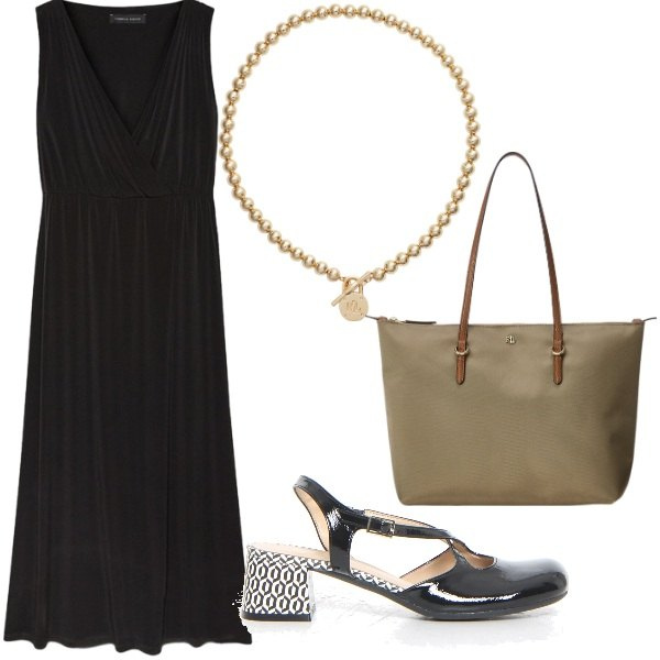 Outfit donna - A cena fuori. Stile Casual chic per Serata fuori. Abbinamento con borse tote, collane, vestiti lunghi, décolleté.